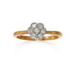 AN ANTIQUE DIAMOND CLUSTER RING in 18ct yellow gold, set with a cluster of seven round cut diamonds,