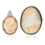 A CAMEO BROOCH AND PENDANT, carved in shell, in silver, both depicting a lady, unmarked, 5cm and