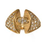 A DIAMOND DRESS RING in high carat yellow gold, the central oval motif set with round cut