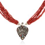 A CORAL BEAD NECKLACE SUSPENDING JEWELLED SCENT BOTTLE in silver, formed of twenty-four strands of