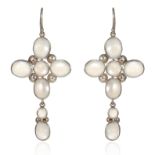 A PAIR OF MOONSTONE CROSS EARRINGS in sterling silver, each set with seven cabochon moonstones