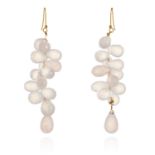 A PAIR OF ROSE QUARTZ DROP EARRINGS each designed as a cluster of several briolette cut rose quartz,