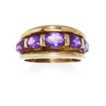 AN AMETHYST DRESS RING in 9ct yellow gold, set with five oval cut graduated amethysts, full