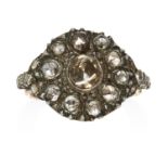 AN ANTIQUE DIAMOND CLUSTER RING, DUTCH 19TH CENTURY in yellow gold and silver, set with rose cut