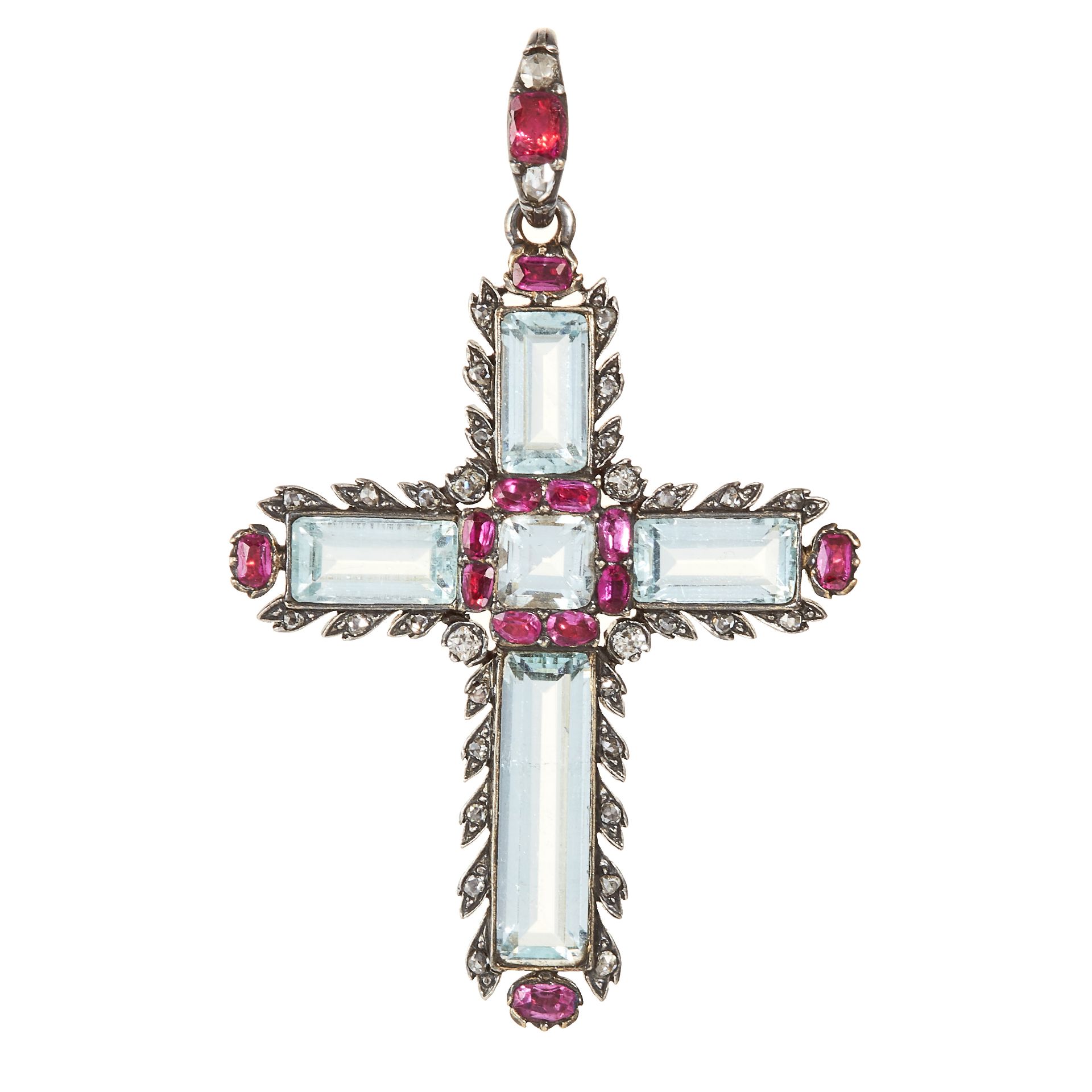 AN AQUAMARINE, BURMESE RUBY AND DIAMOND CROSS PENDANT, CIRCA 1820 in gold and silver, jewelled