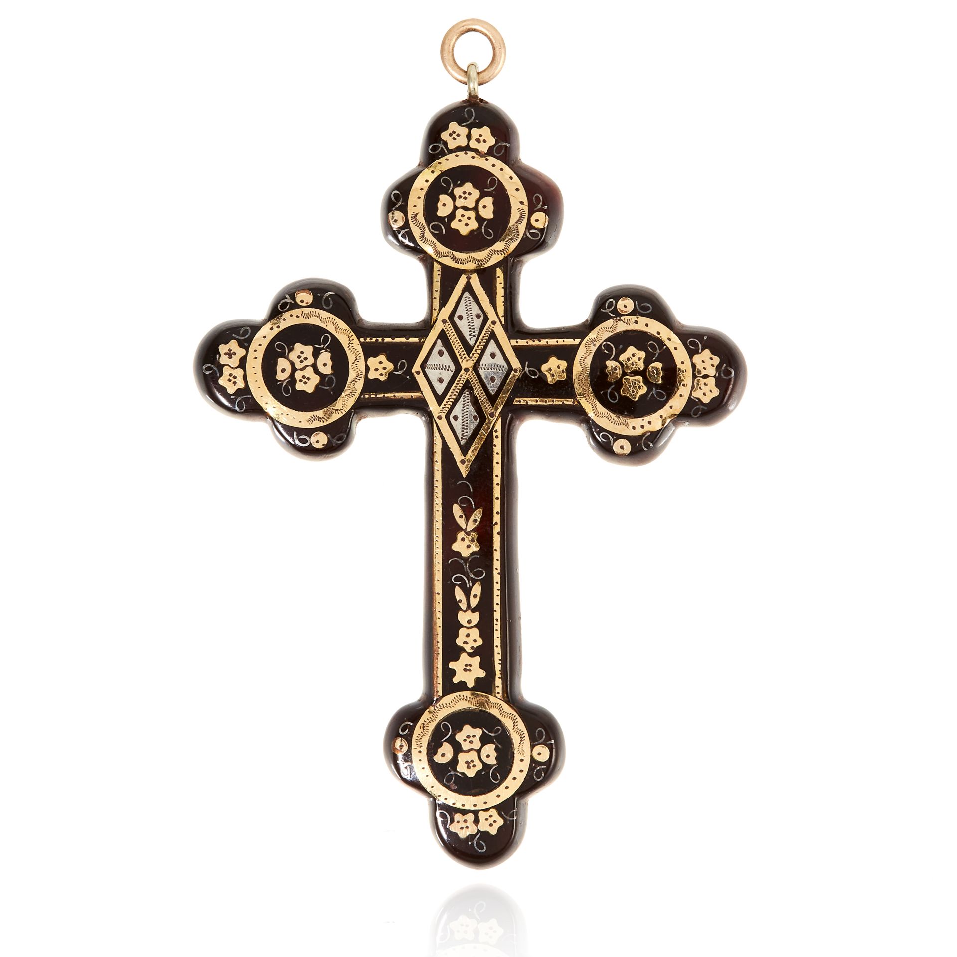 AN ANTIQUE TORTOISESHELL PIQUE PENDANT, 19TH CENTURY designed as a cross / crucifix, decorated