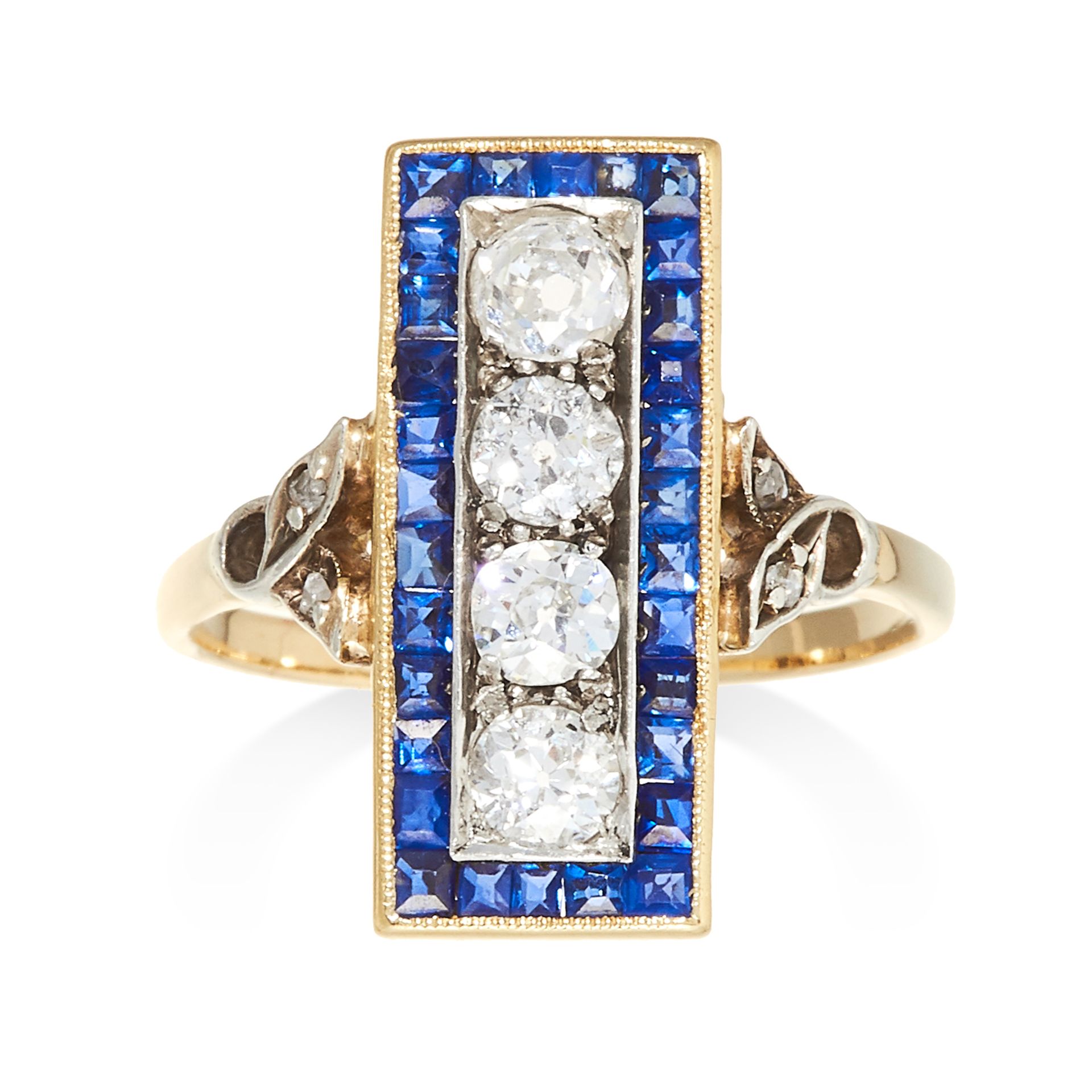 AN ART DECO SAPPHIRE AND DIAMOND RING in high carat yellow gold, comprising of a rectangular face