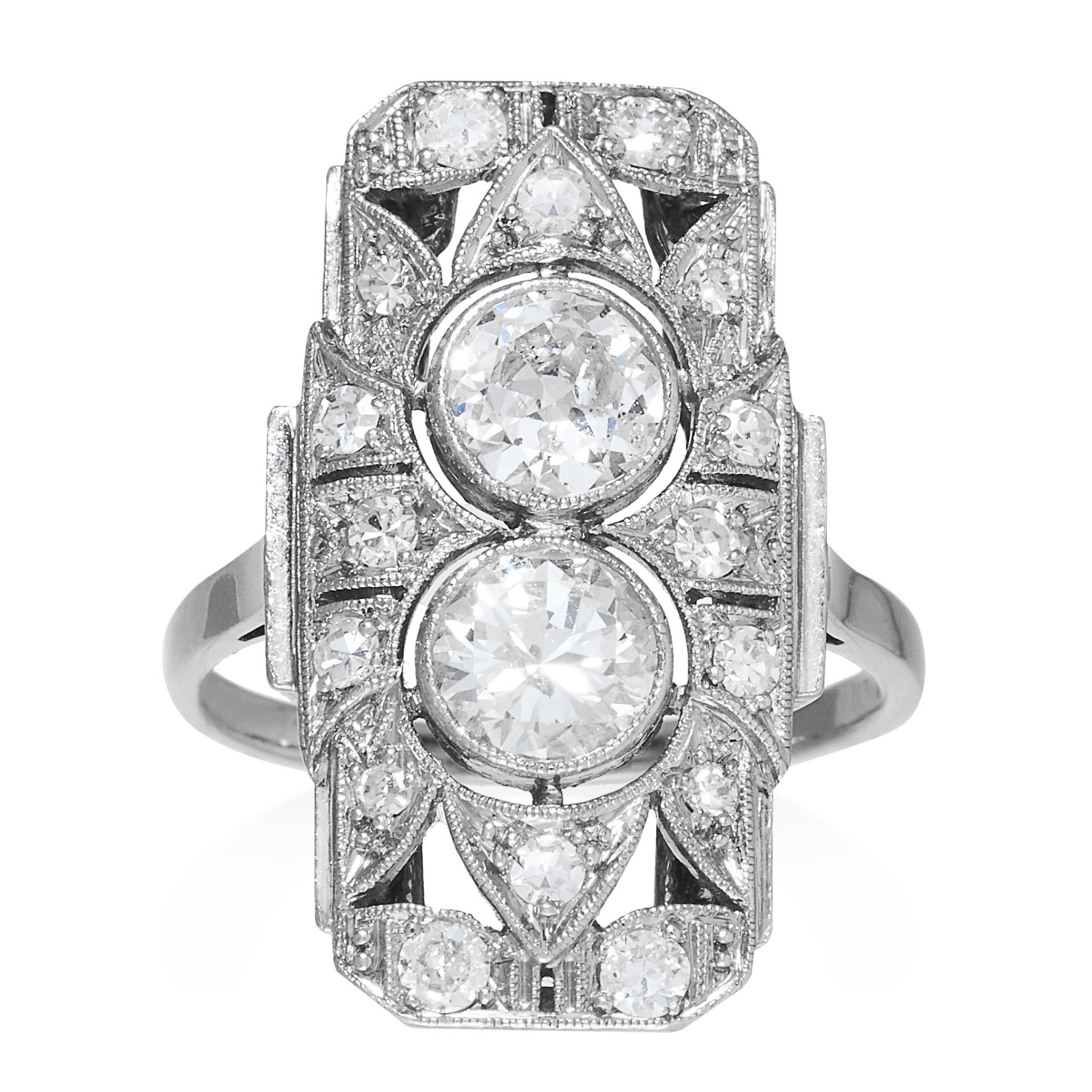 AN ART DECO DIAMOND RING CIRCA 1940 in platinum or white gold, set with two round cut diamonds of