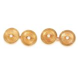 A PAIR OF ANTIQUE PEARL CUFFLINKS in high carat yellow gold, the circular face jewelled with a pearl