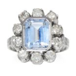 AN ART DECO AQUAMARINE AND DIAMOND RING in platinum or white gold, the emerald cut aquamarine of 2.