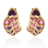 A PAIR OF VINTAGE AMETHYST AND TOURMALINE EAR CLIPS, CIRCA 1970's in 18ct yellow gold, each jewelled