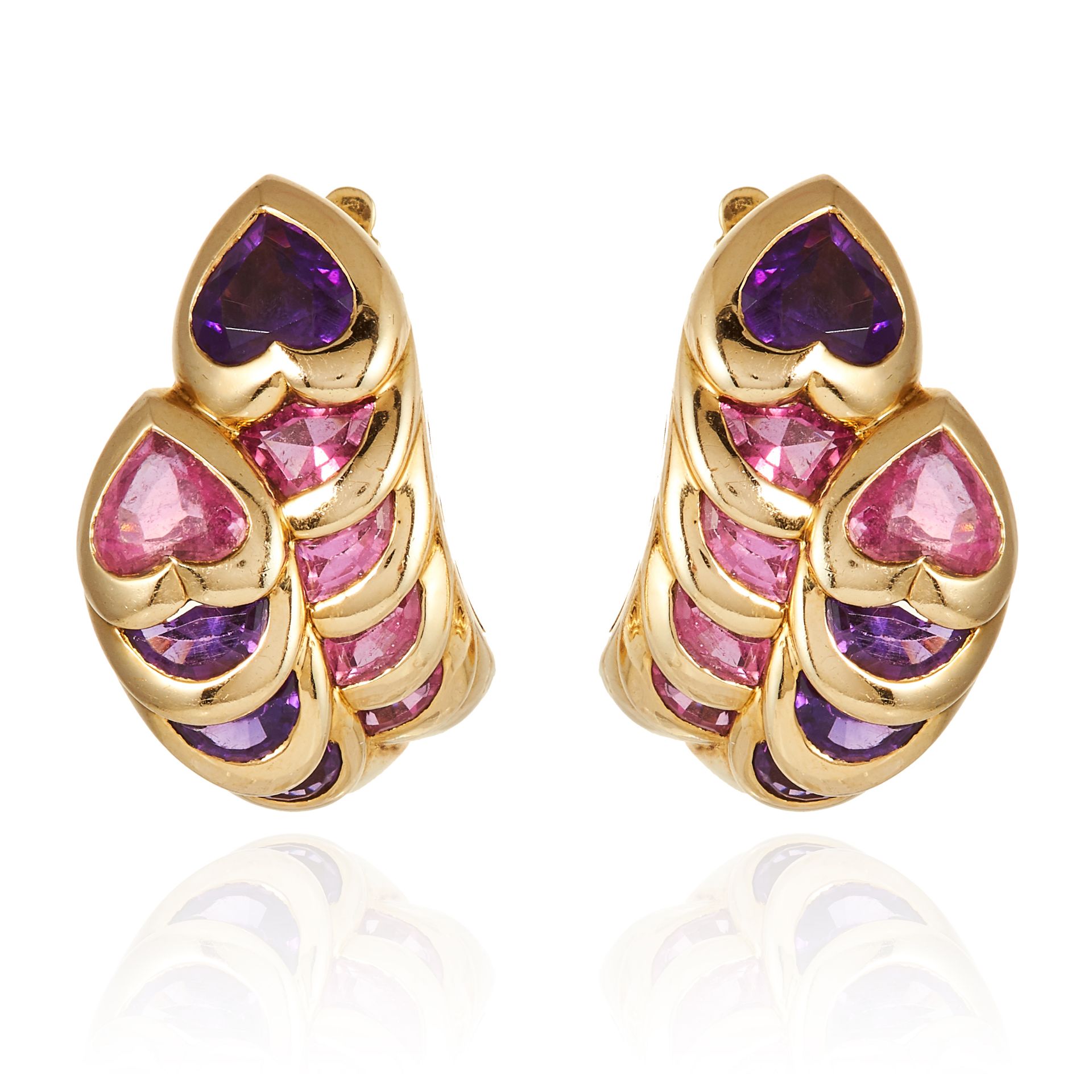 A PAIR OF VINTAGE AMETHYST AND TOURMALINE EAR CLIPS, CIRCA 1970's in 18ct yellow gold, each jewelled