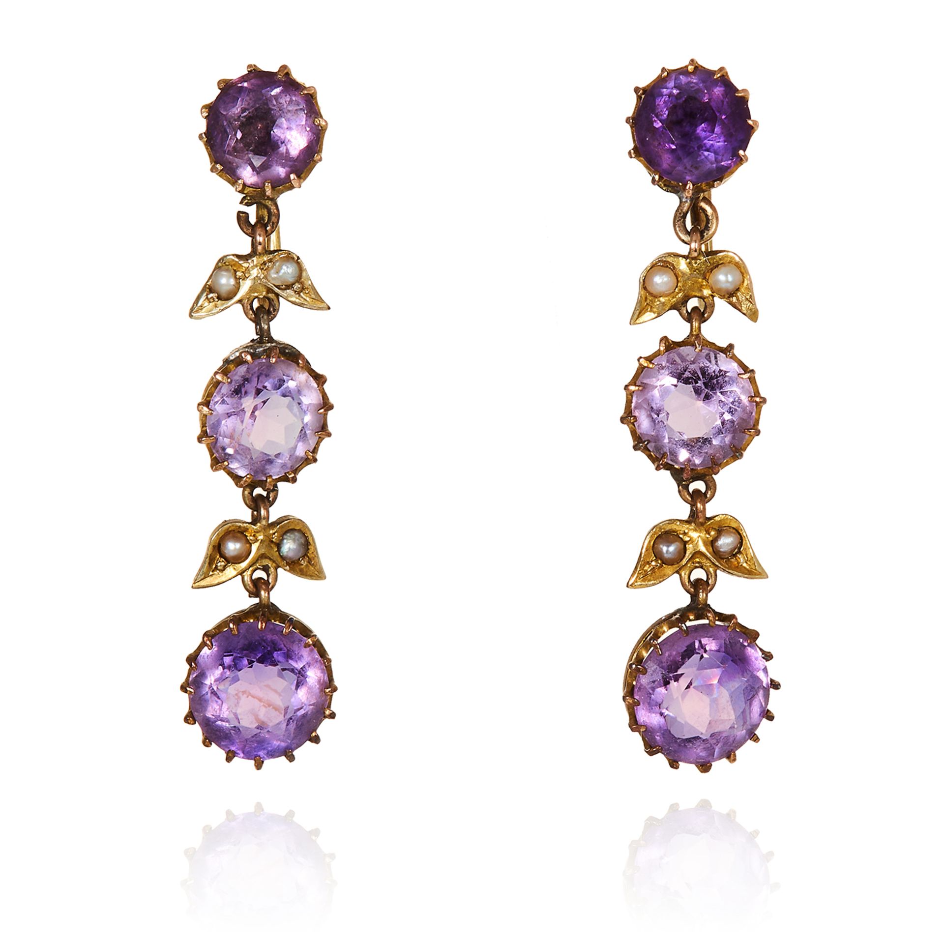 A PAIR OF ANTIQUE AMETHYST AND PEARL EARRINGS in 9ct yellow gold, each jewelled with three round cut