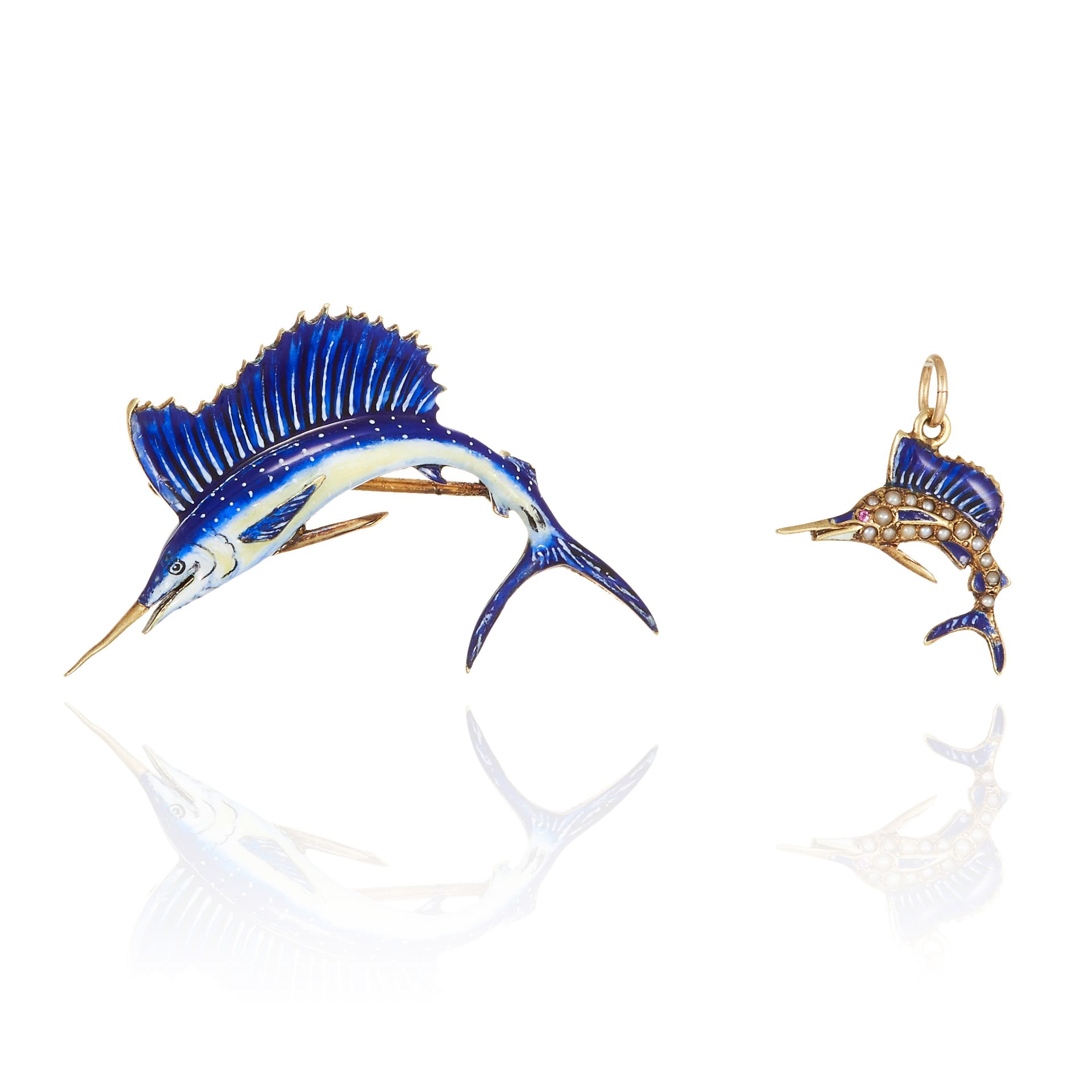 AN ANTIQUE ENAMEL SAILFISH BROOCH AND PENDANT in high carat yellow gold, each designed as a