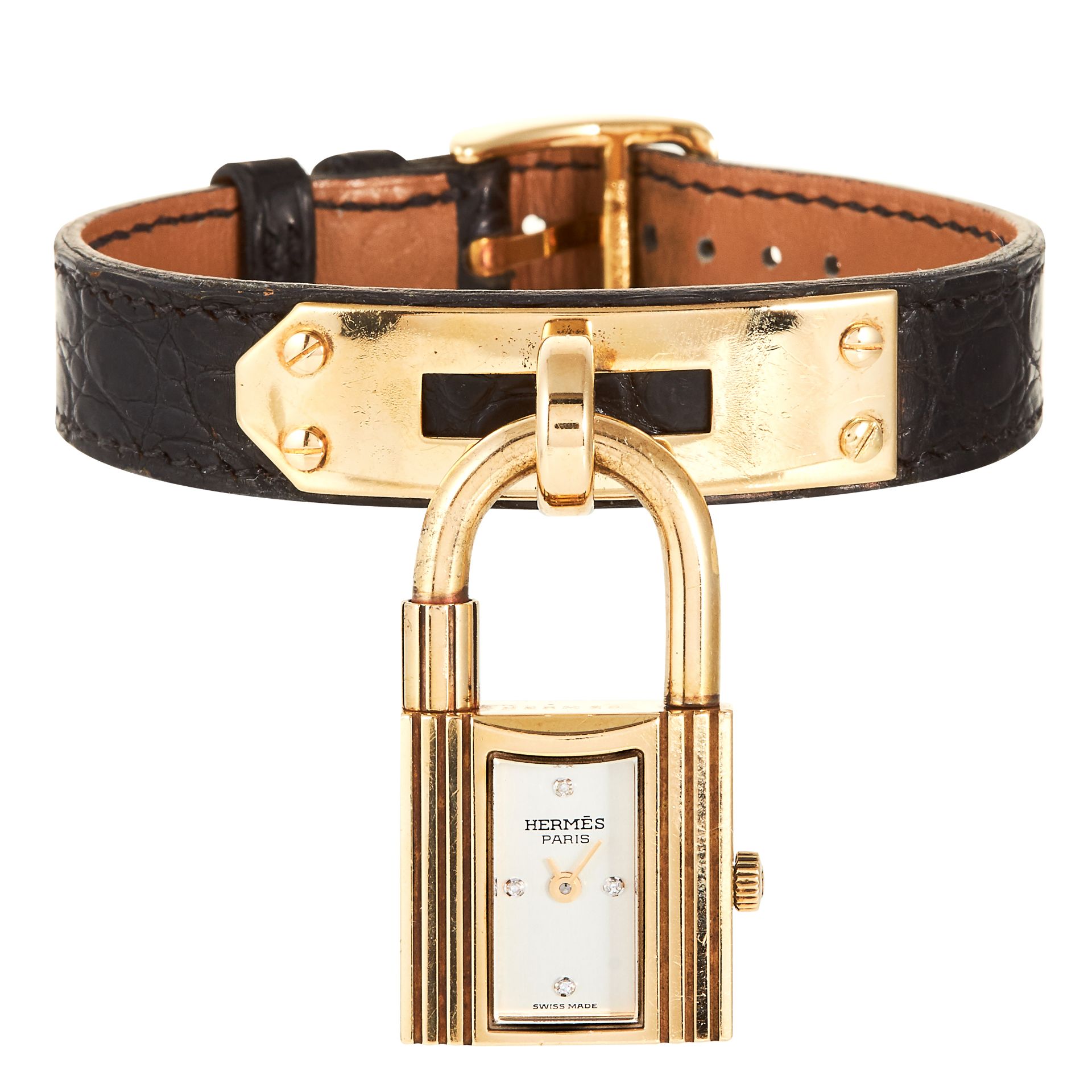 A KELLY BAG DIAMOND AND LEATHER PADLOCK WATCH, HERMES in 18ct yellow gold, designed as a padlock