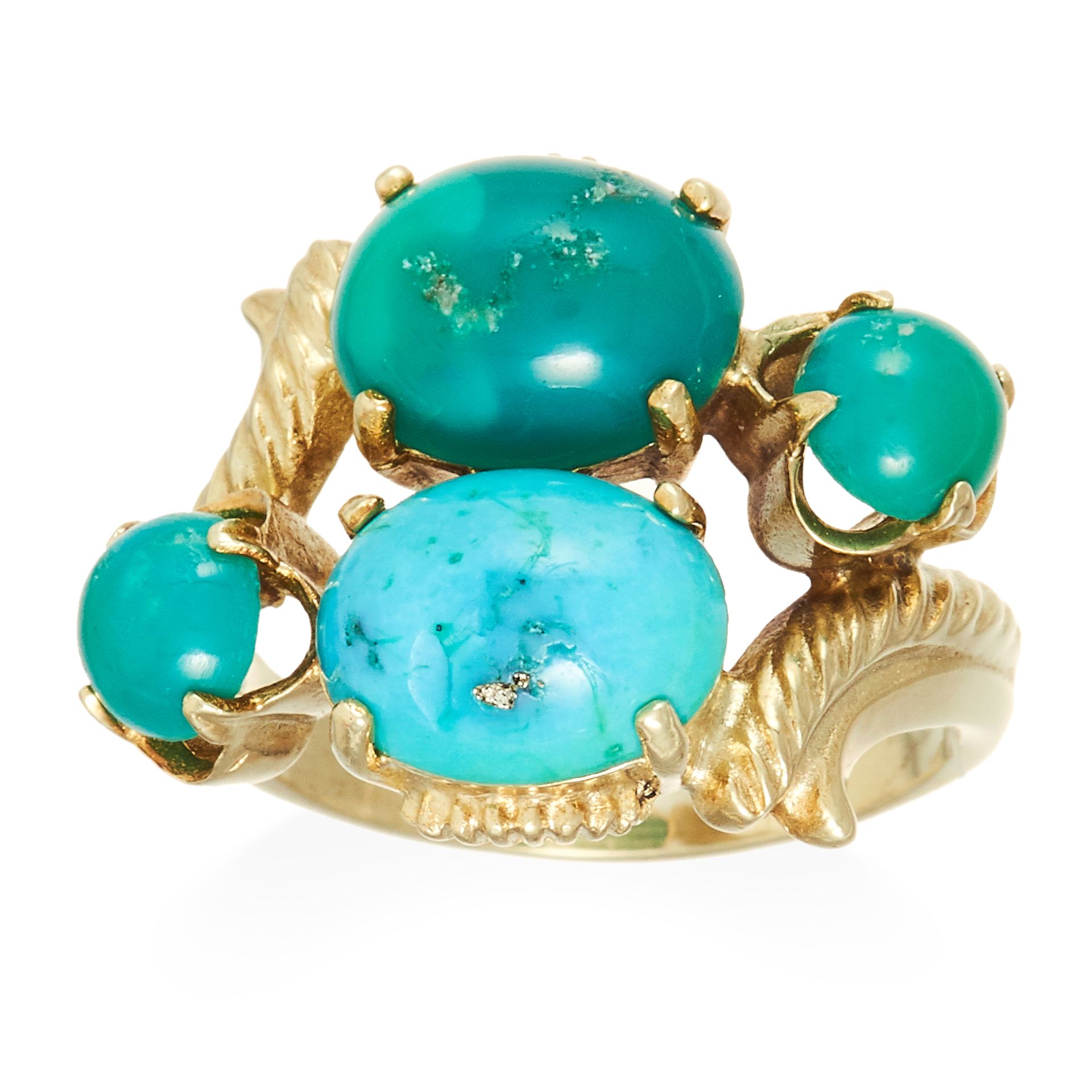 A TURQUOISE DRESS RING in high carat yellow gold, set with four turquoise cabochons between