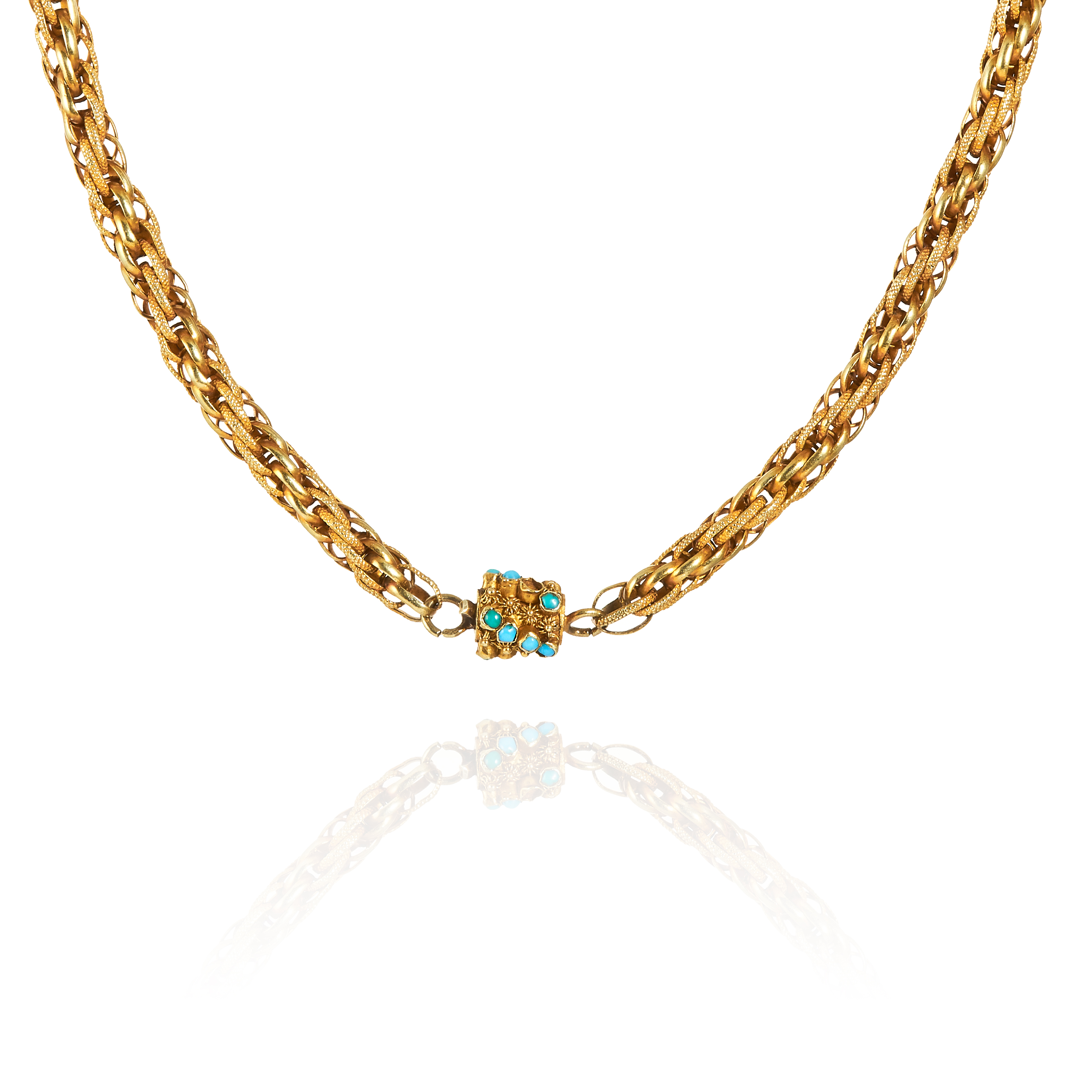 AN ANTIQUE TURQUOISE NECKLACE / BRACELET in high carat yellow gold, comprising of interwoven gold