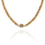 AN ANTIQUE TURQUOISE NECKLACE / BRACELET in high carat yellow gold, comprising of interwoven gold