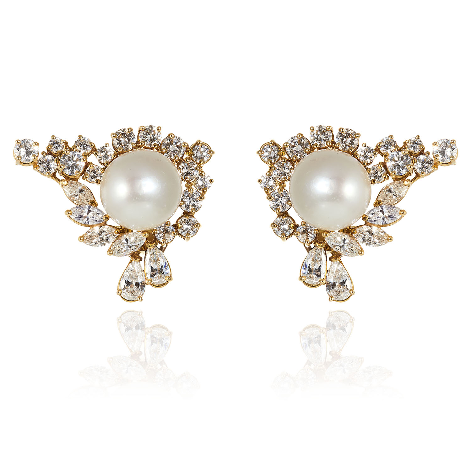 A PAIR OF VINTAGE PEARL AND DIAMOND EARRINGS in 18ct yellow gold, each comprising of central pearl