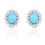 A PAIR OF TURQUOISE AND DIAMOND CLUSTER EARRINGS, in gold or platinum, each set with a cabochon