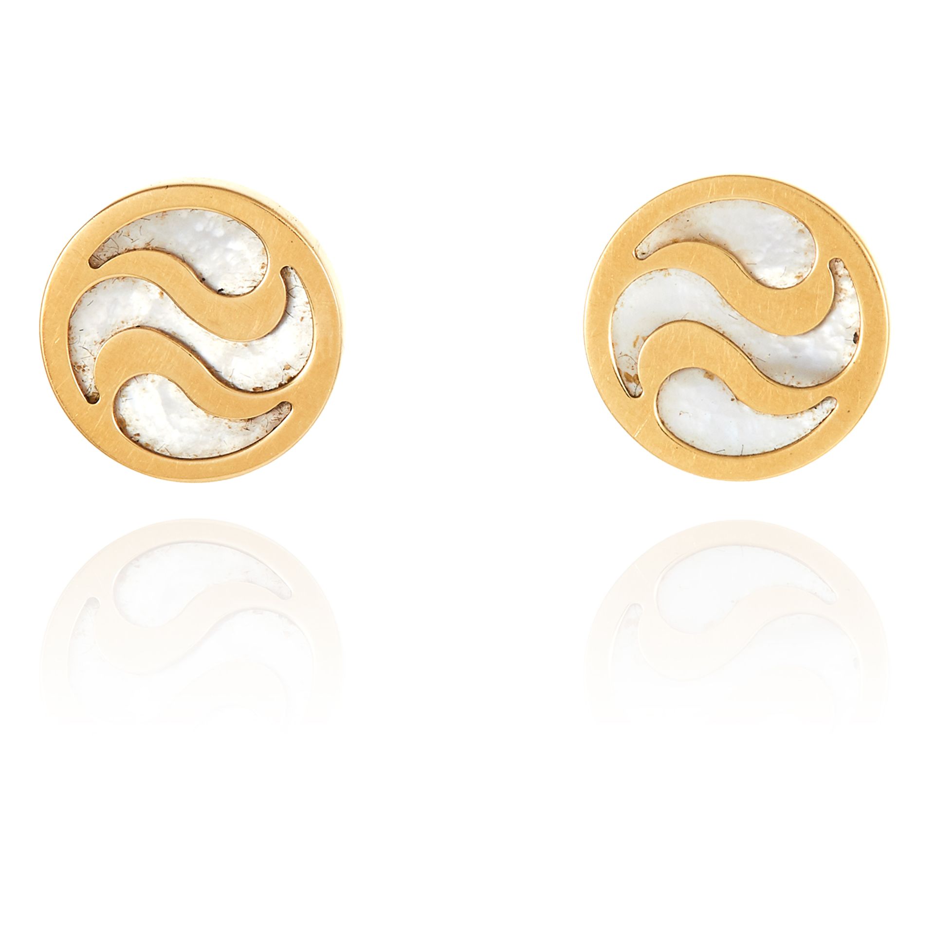 A PAIR OF MOTHER OF PEARL STUD EARRINGS, BVLGARI in 18ct yellow gold, jewelled with mother of