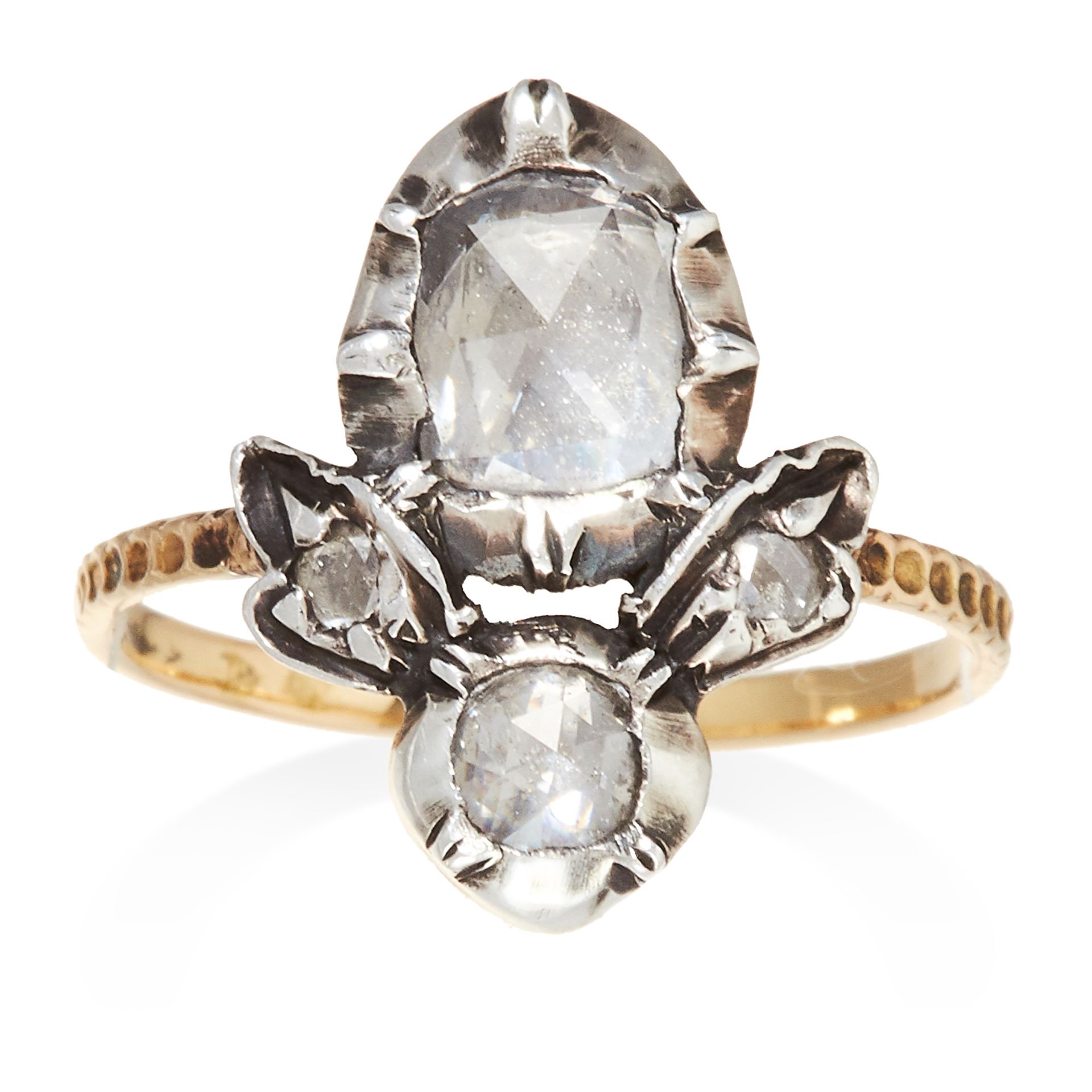 AN ANTIQUE DIAMOND RING, CIRCA 1800 in yellow gold and silver, set with a rose cut diamond within an