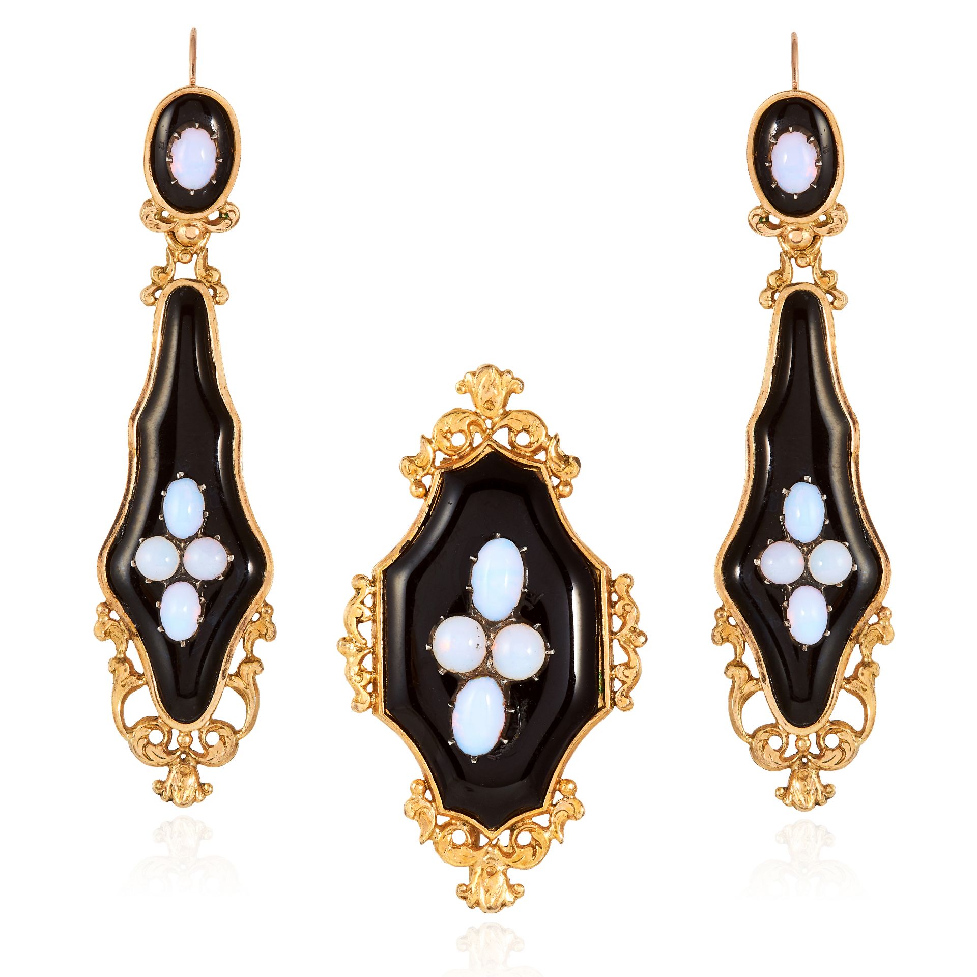 AN ANTIQUE OPAL AND ONYX EARRING AND BROOCH SUITE in high carat yellow gold, comprising of