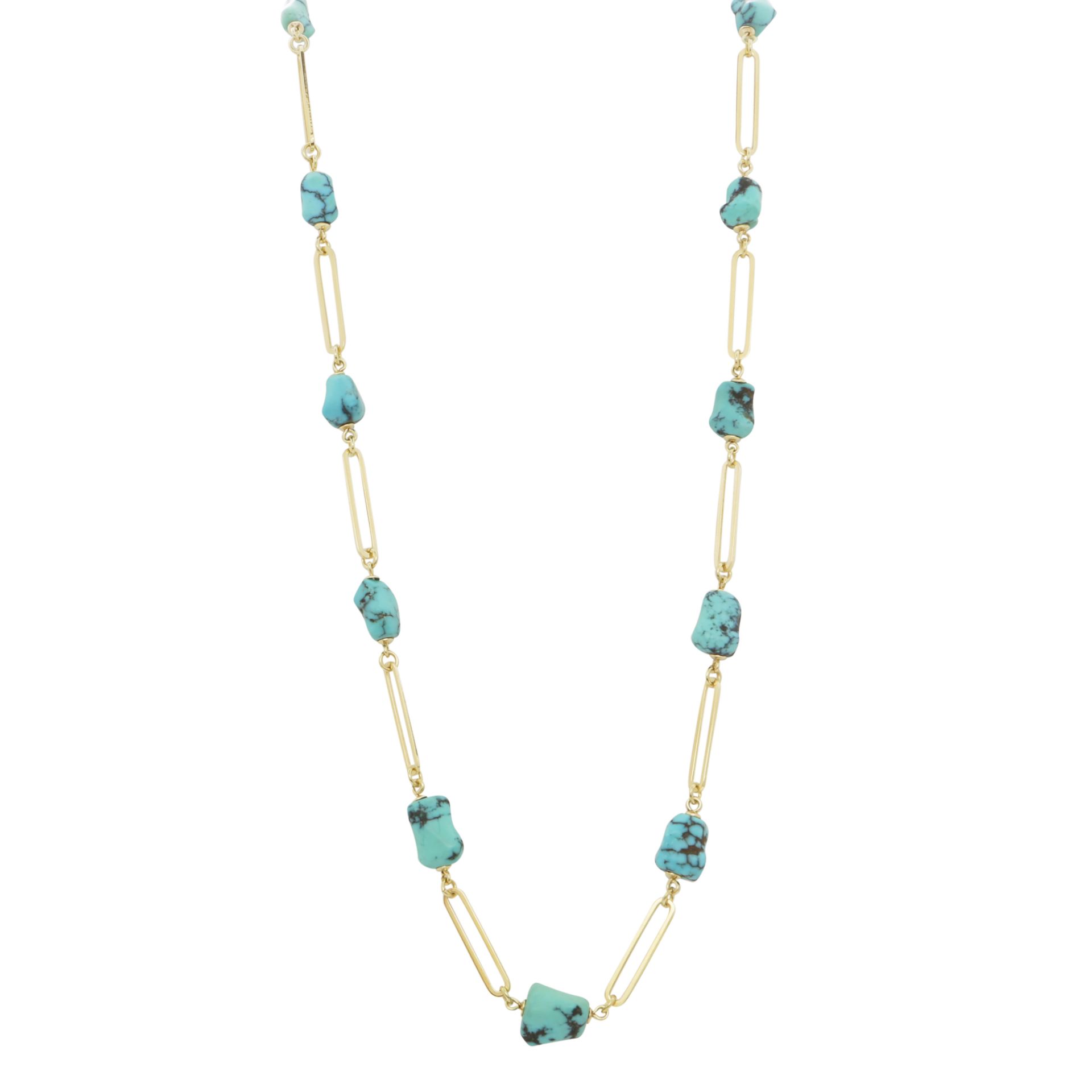 A TURQUOISE FANCY LINK NECKLACE in 14ct yellow gold, the elongated link chain punctuated by thirteen