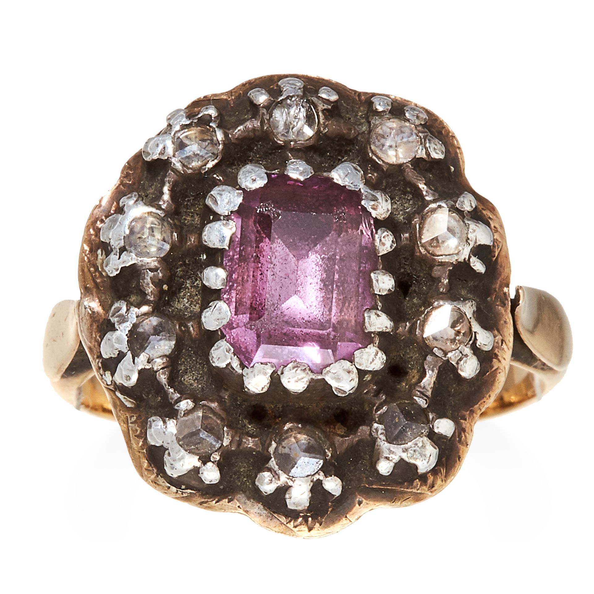 AN ANTIQUE TOURMALINE AND DIAMOND RING, 19TH CENTURY in yellow gold and silver, the step cut pink