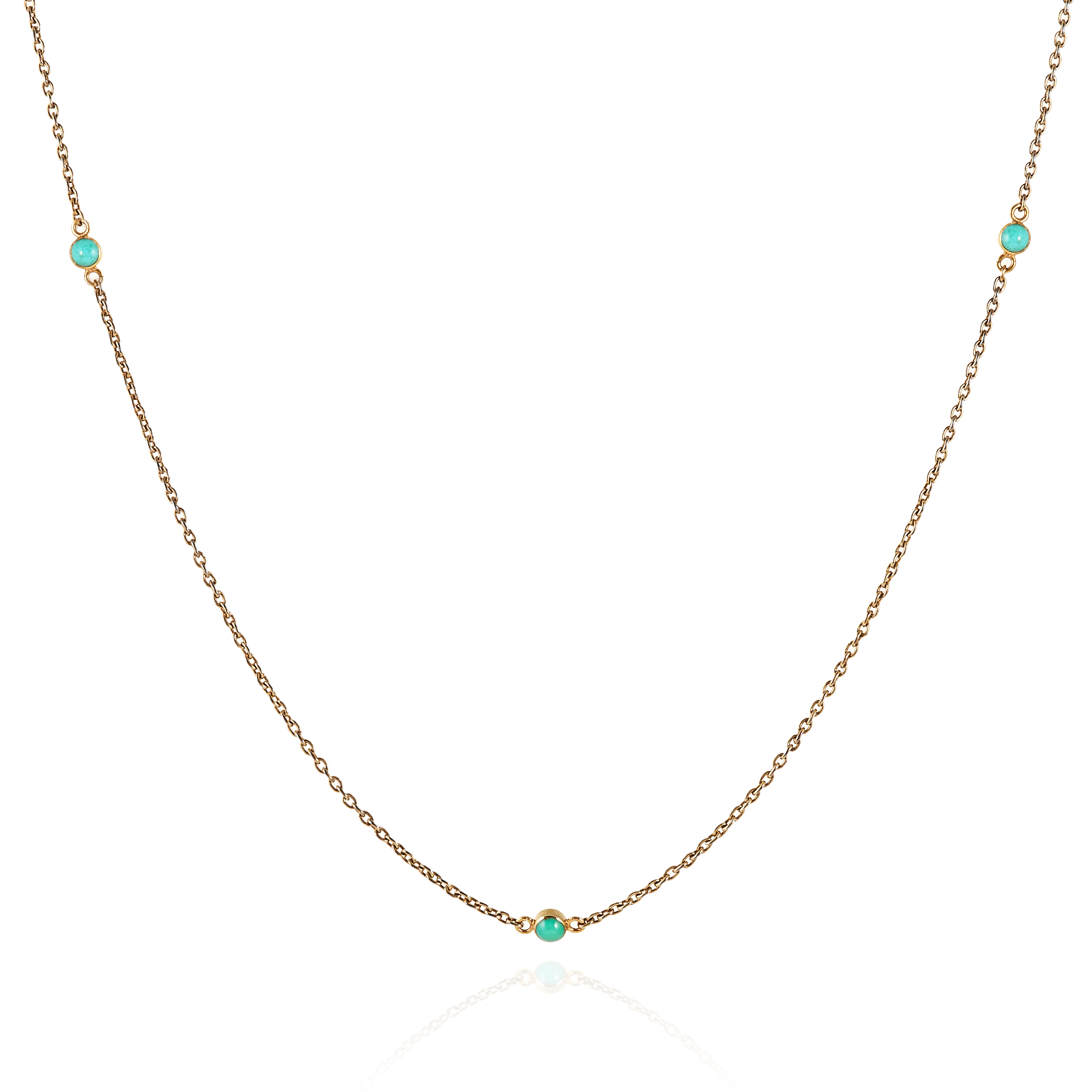 AN ANTIQUE TURQUOISE SPECTACLE CHAIN in 15ct yellow gold, set with twelve cabochon turquoise links