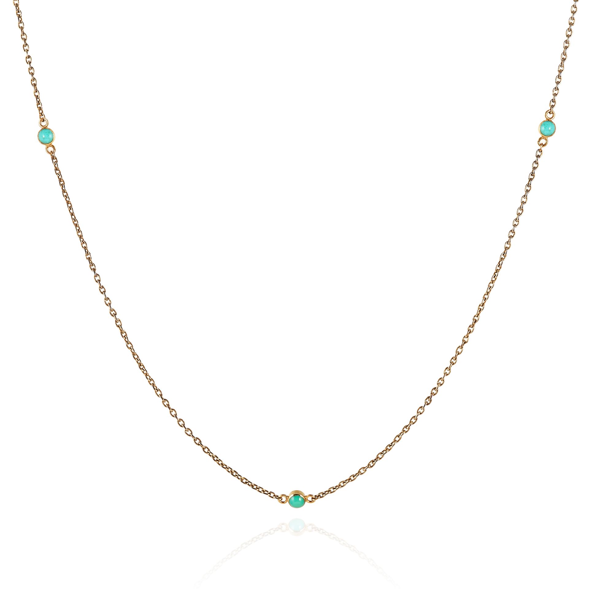 AN ANTIQUE TURQUOISE SPECTACLE CHAIN in 15ct yellow gold, set with twelve cabochon turquoise links