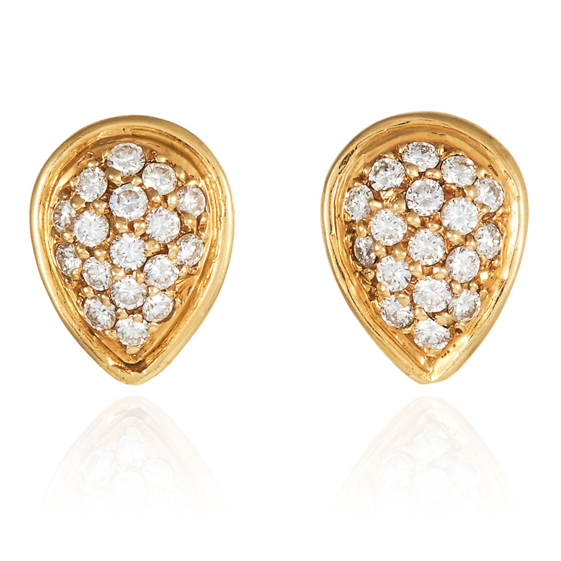 A PAIR OF DIAMOND STUD EARRINGS in high carat yellow gold, designed as pear drop shape jewelled with