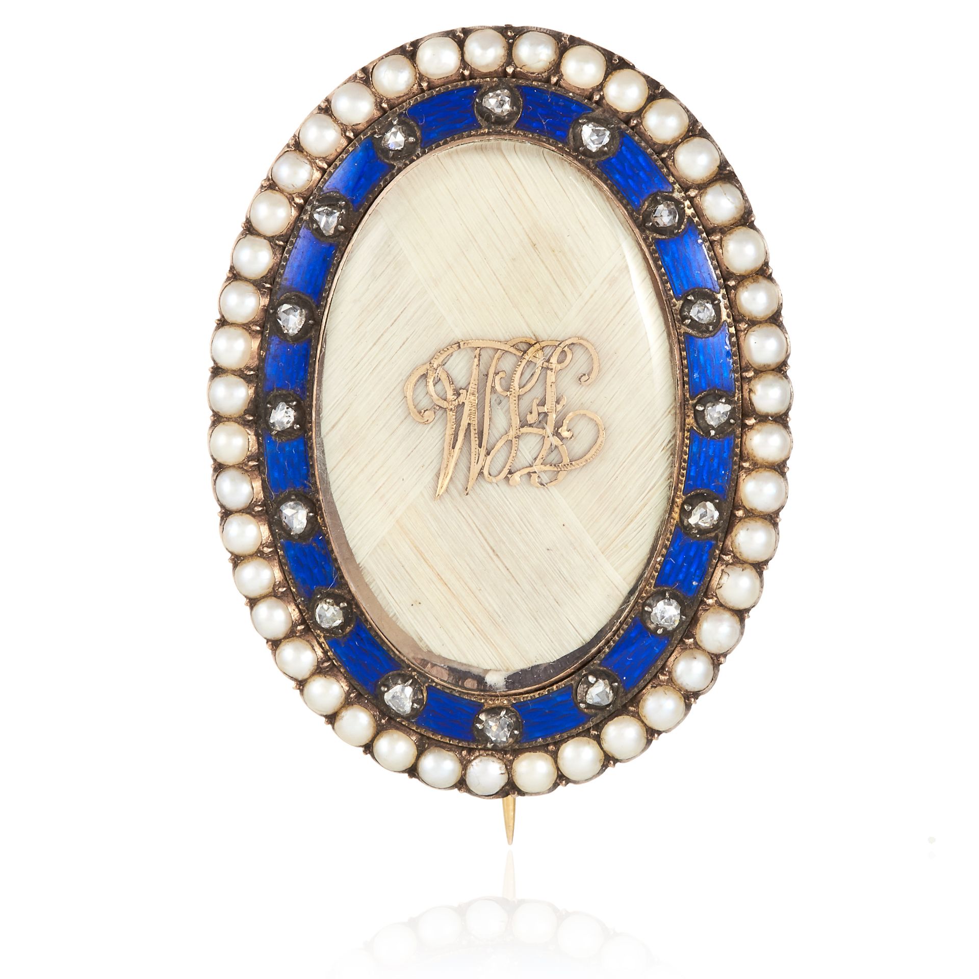 AN ANTIQUE PEARL, DIAMOND HAIRWORK AND ENAMEL MOURNING BROOCH in high carat yellow gold, oval