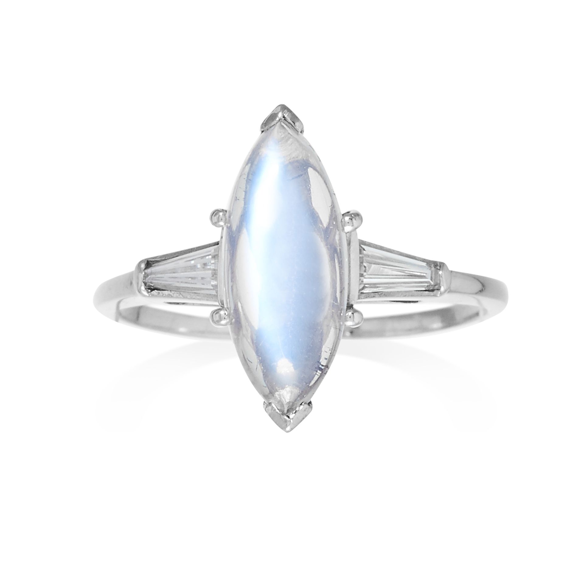 AN ART DECO MOONSTONE AND DIAMOND RING in platinum, set with a central marquise cabochon stone,