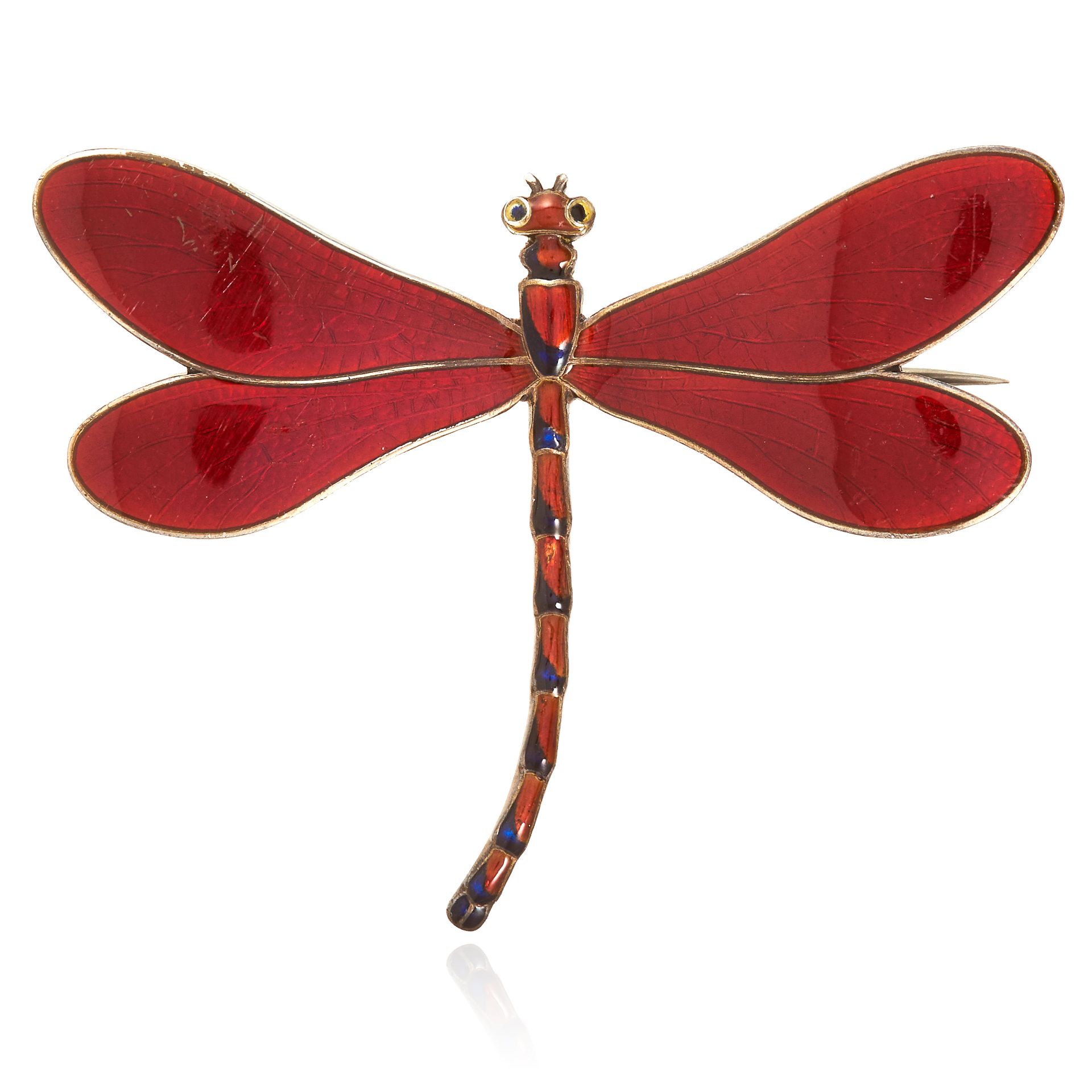 AN ANTIQUE ENAMELLED DRAGONFLY BROOCH in sterling silver, designed as a dragonfly, its body