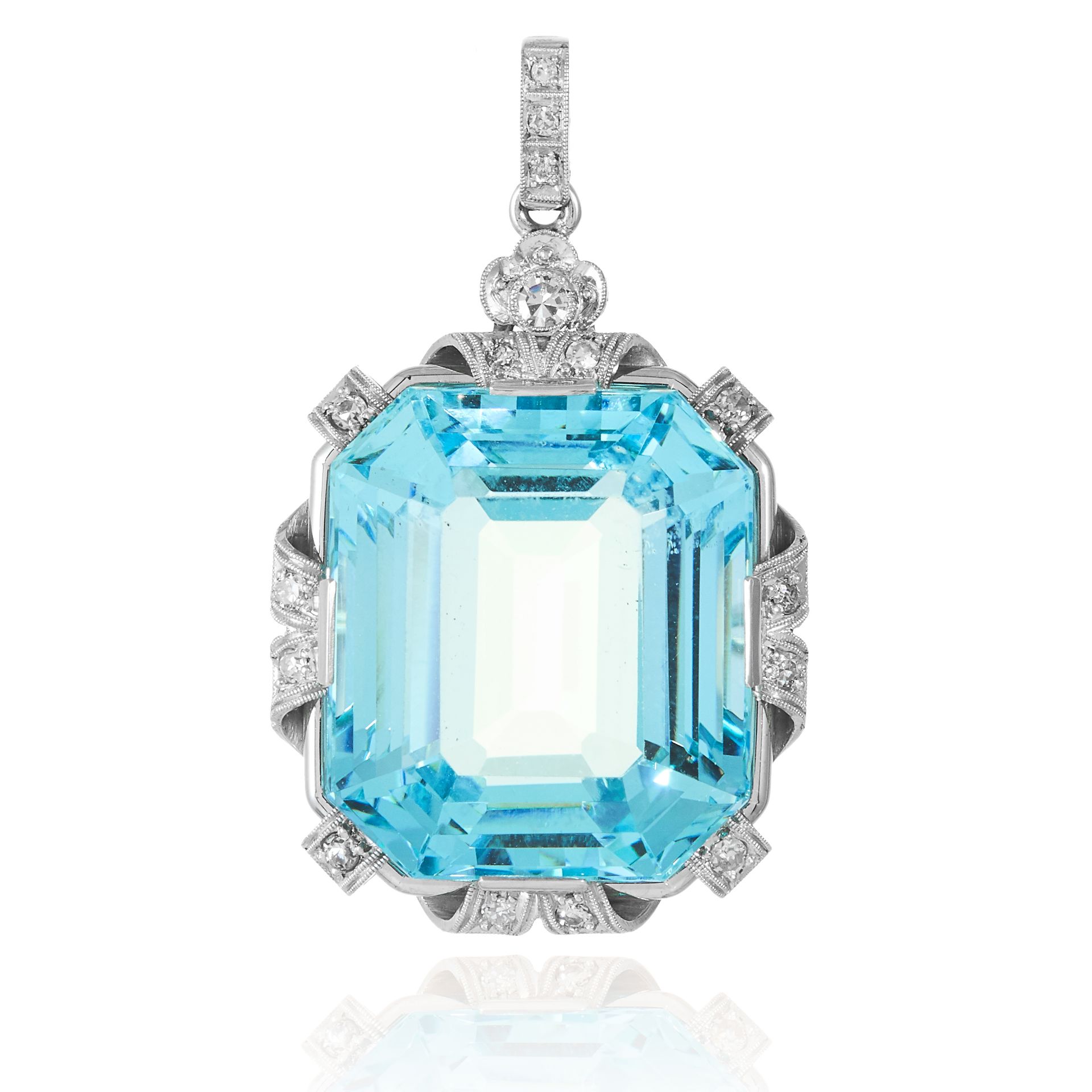 AN AQUAMARINE AND DIAMOND PENDANT in gold or platinum, set with a central emerald cut aquamarine