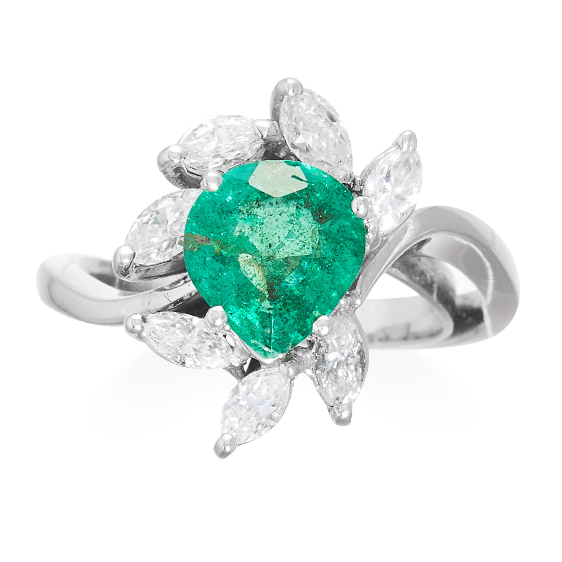 AN EMERALD AND DIAMOND RING in platinum or white gold set with a pear cut emerald of 1.35 carats