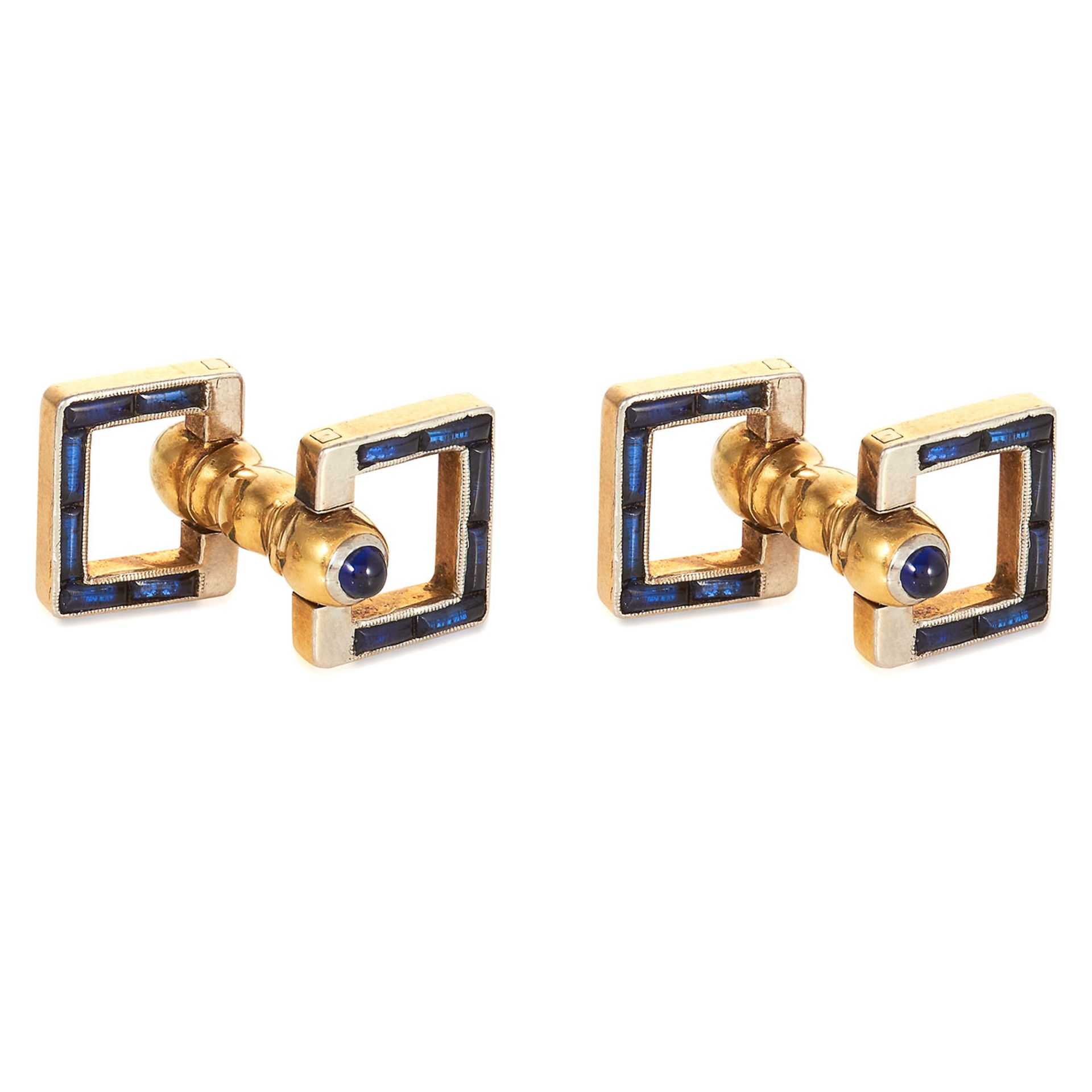 A PAIR OF ANTIQUE SAPPHIRE CUFFLINKS in yellow gold, jewelled with cabochon sapphires in square