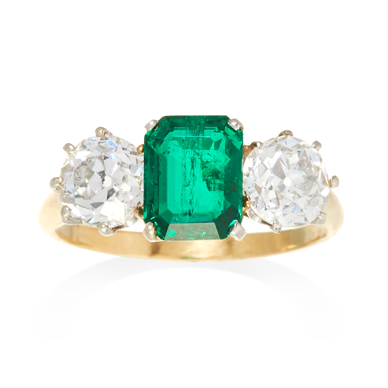 A COLOMBIAN EMERALD AND DIAMOND RING in 18ct yellow and white gold,the 1.25 carat step cut emerald