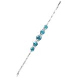 AN ART DECO BLUE ZIRCON AND DIAMOND BRACELET in gold or platinum, jewelled with five round cut