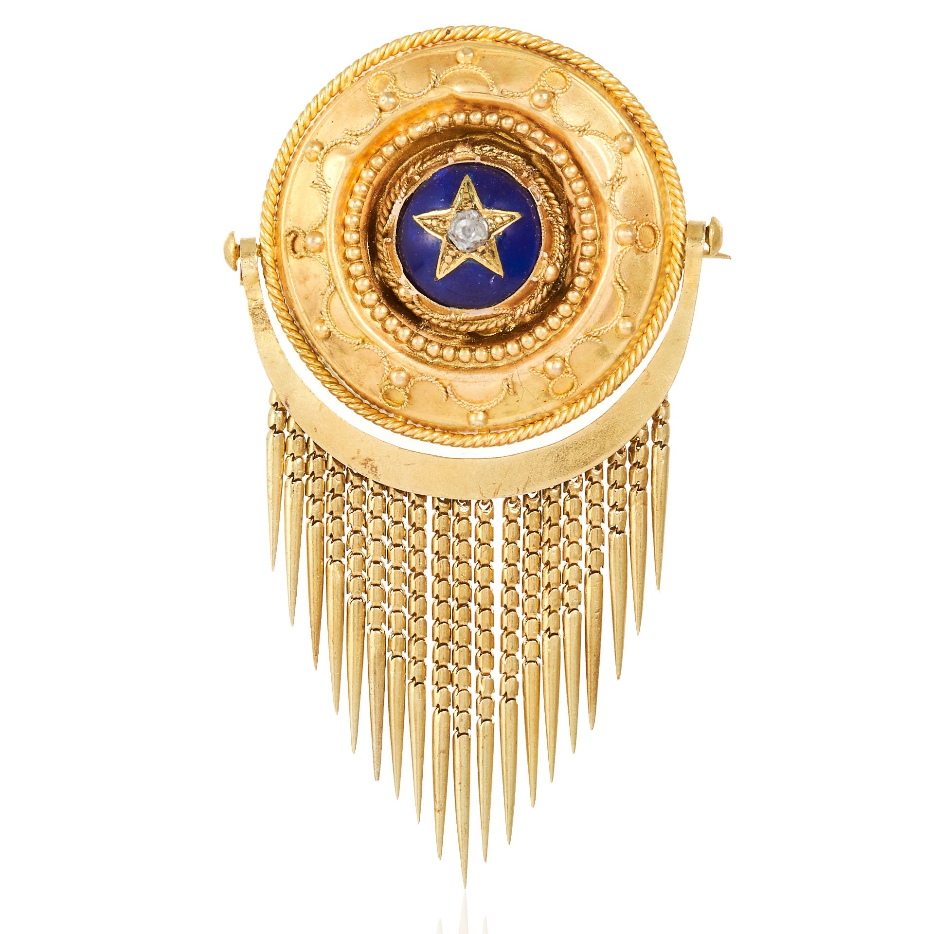 A DIAMOND AND ENAMEL MOURNING BROOCH in high carat yellow gold, the large circular body set with