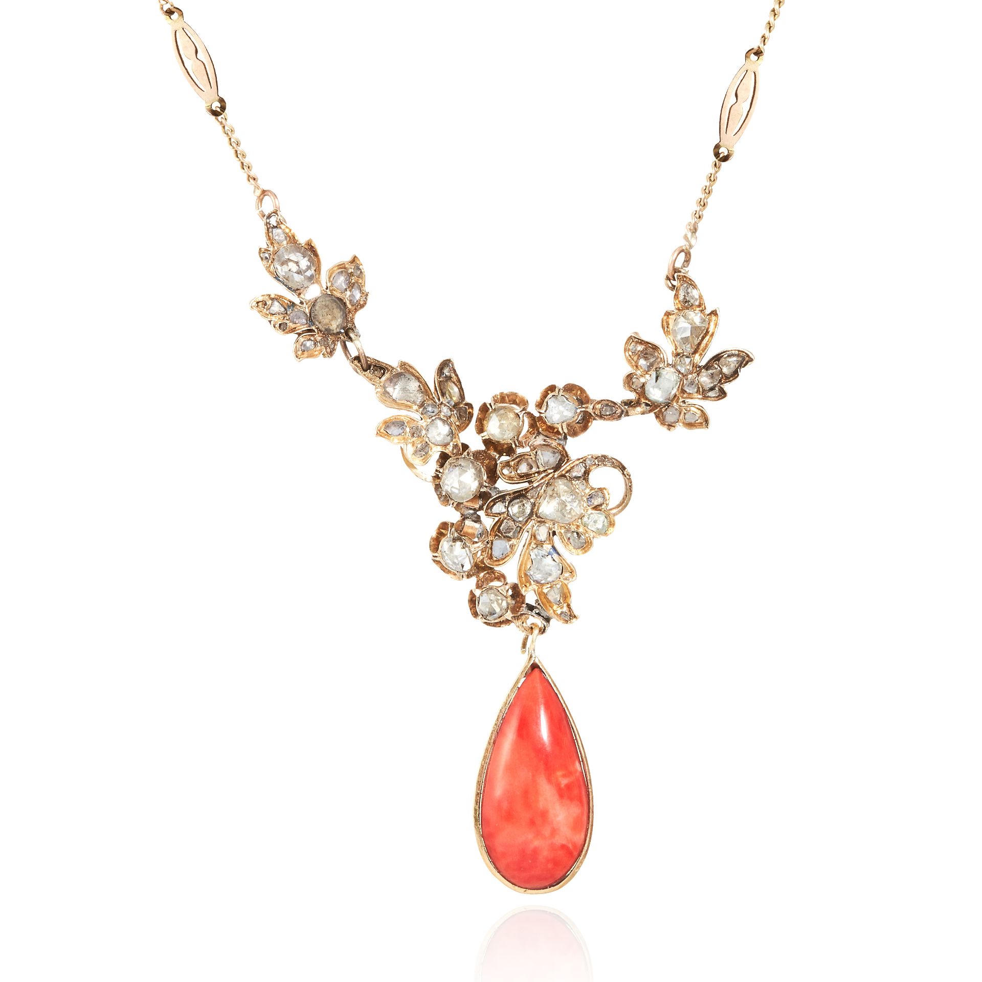 AN ANTIQUE CORAL AND DIAMOND NECKLACE, SPANISH 19TH CENTURY in yellow gold, the pear shaped coral