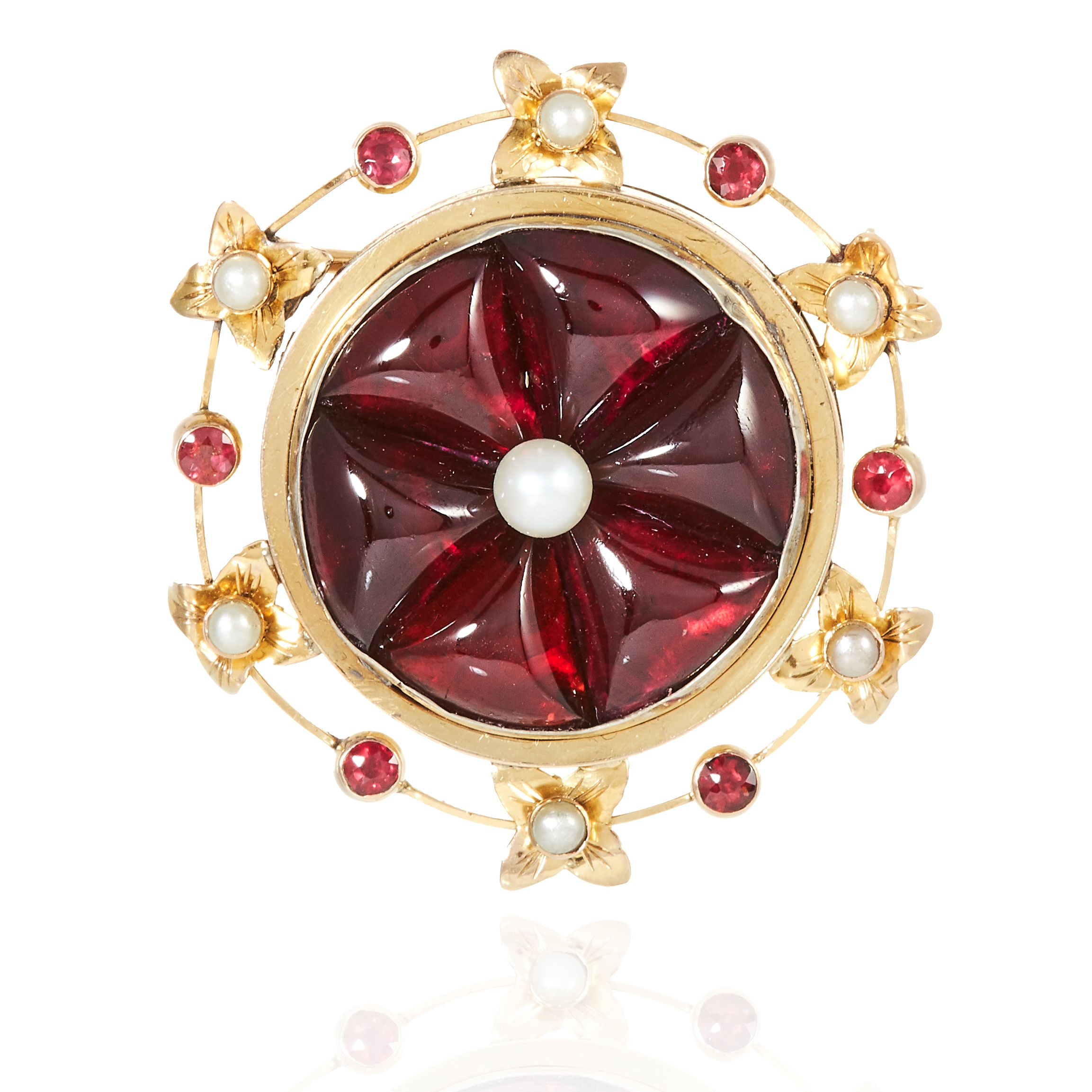 AN ANTIQUE GARNET AND PEARL MOURNING BROOCH in high carat yellow gold, jewelled with triangular