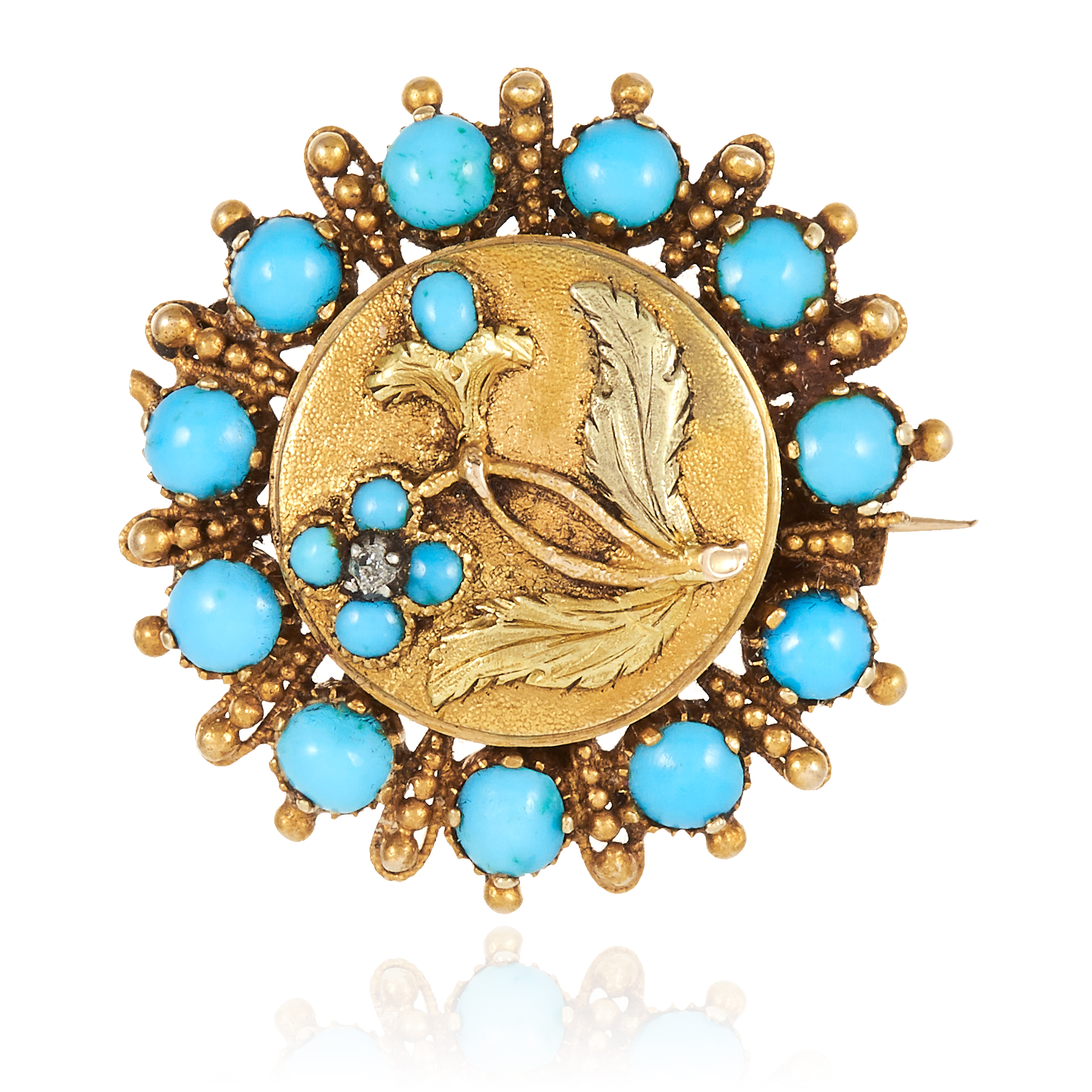 AN ANTIQUE TURQUOISE AND DIAMOND MOURNING BROOCH in yellow gold, in circular form, jewelled with