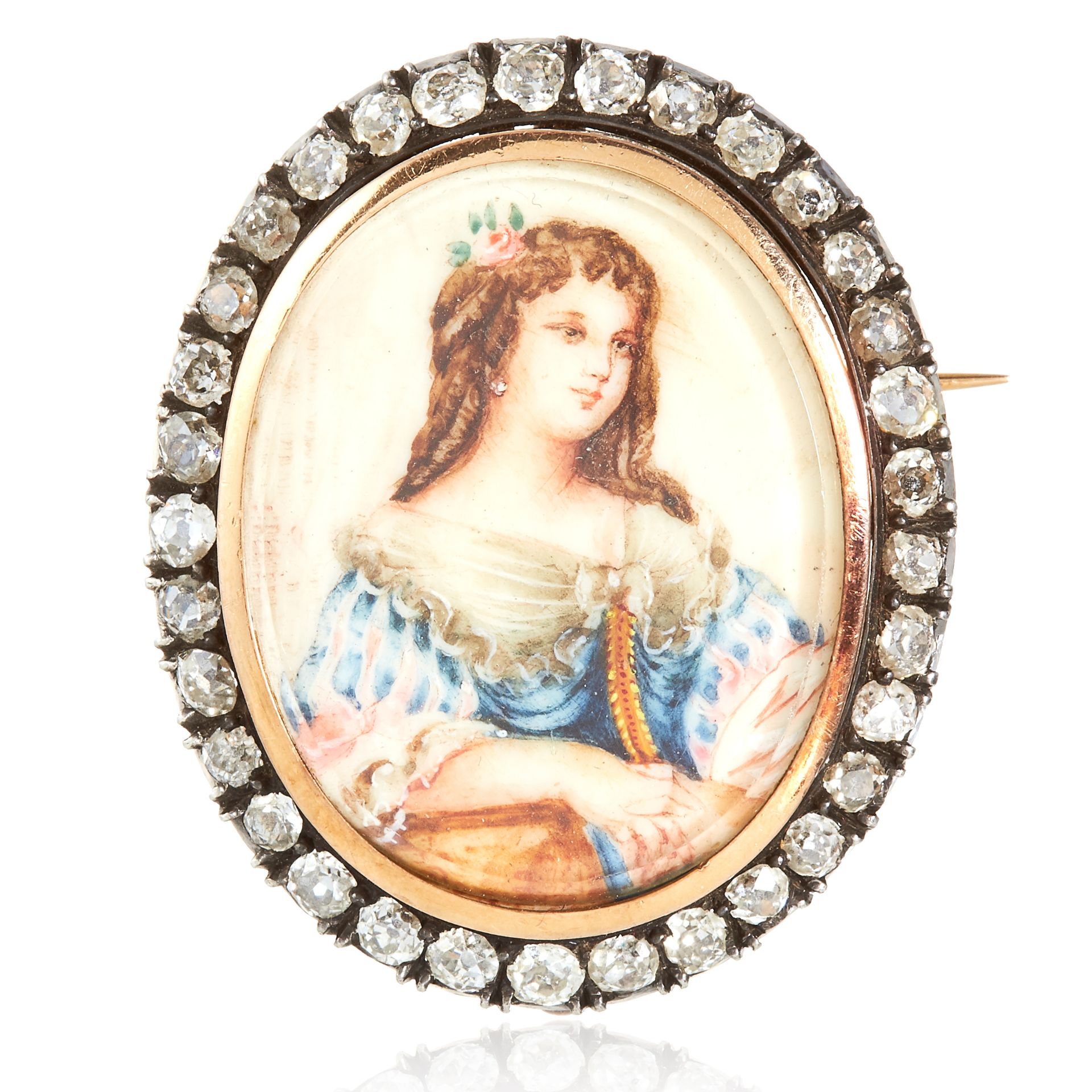 AN ANTIQUE PAINTED ENAMEL AND DIAMOND PORTRAIT BROOCH, 19TH CENTURY in high carat yellow gold, set