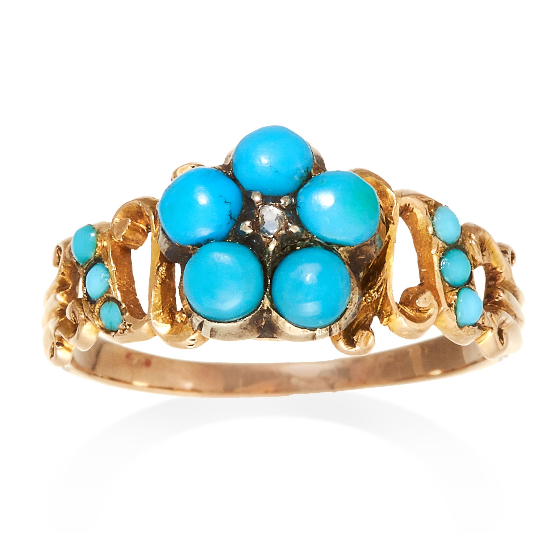 AN ANTIQUE TURQUOISE AND DIAMOND FORGET-ME-NOT RING, 19TH CENTURY in high carat yellow gold with