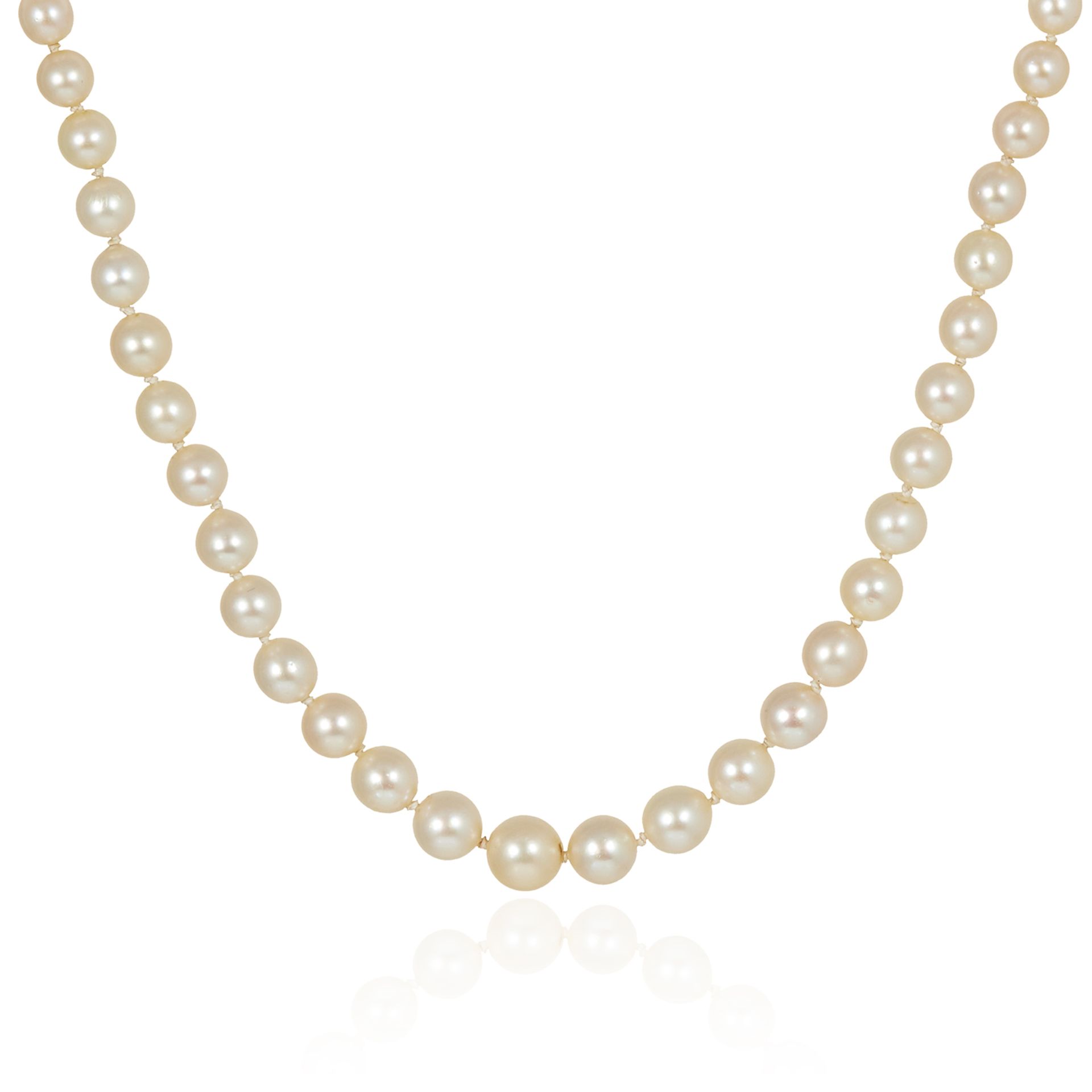 A SINGLE STRAND PEARL NECKLACE comprising of seventy-two pearls, between 3.4mm and 7.7mm in