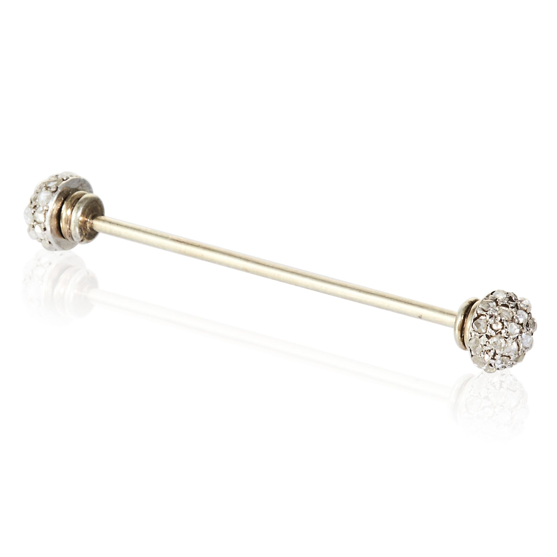 AN ART DECO DIAMOND JABOT PIN in platinum or white gold, jewelled at both ends with rose cut