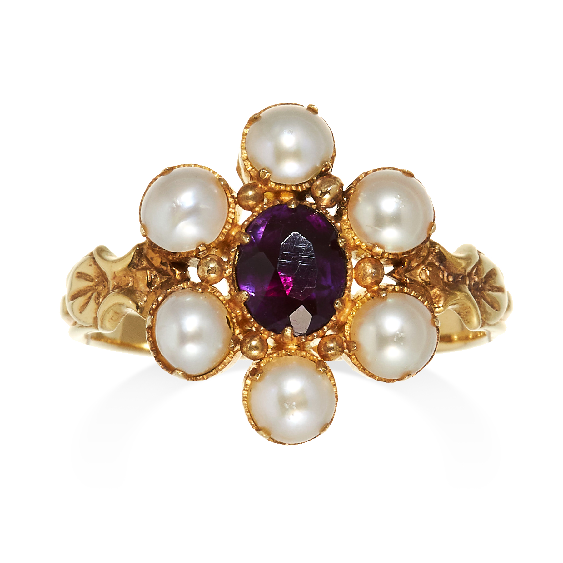 AN ANTIQUE AMETHYST AND PEARL CLUSTER RING in high carat yellow gold, set with an oval cut