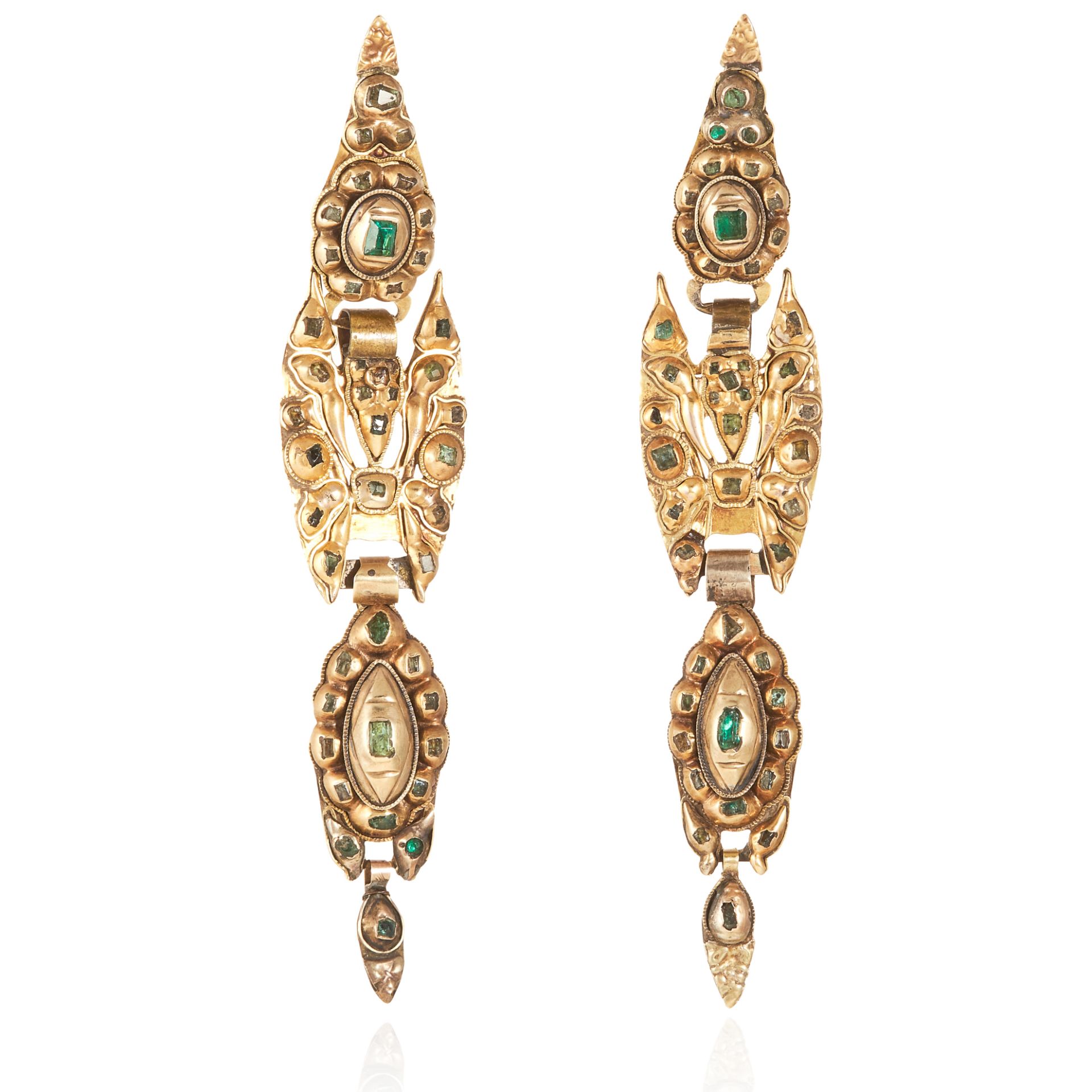 A PAIR OF ANTIQUE CATALAN EMERALD AND DIAMOND EARRINGS, SPANISH CIRCA 1800 in high carat yellow